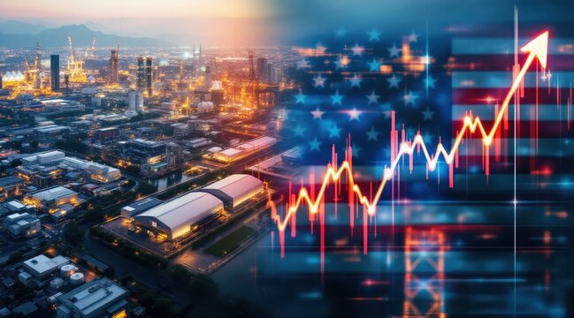 City skyline with financial graph and American flag overlay, symbolizing economic growth.