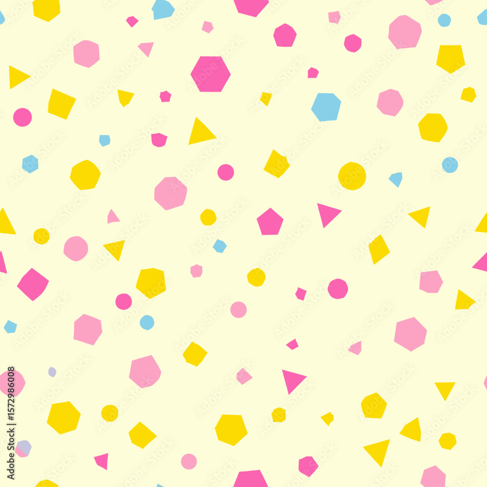 Poster seamless geometric pattern with triangles circles squares and octagons in yellow pink and blue on a 