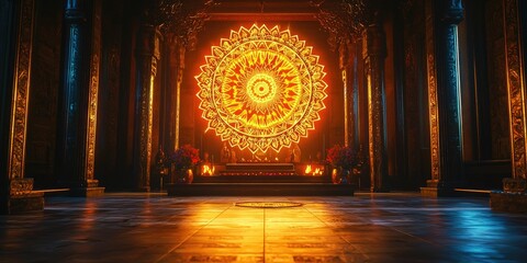A glowing mandala above a temple altar