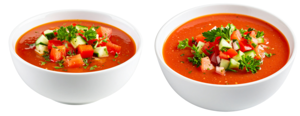  Cold Gazpacho Soup with Chopped Vegetables and Herbs in White Bowl, Front View, isolated on transparent background PNG