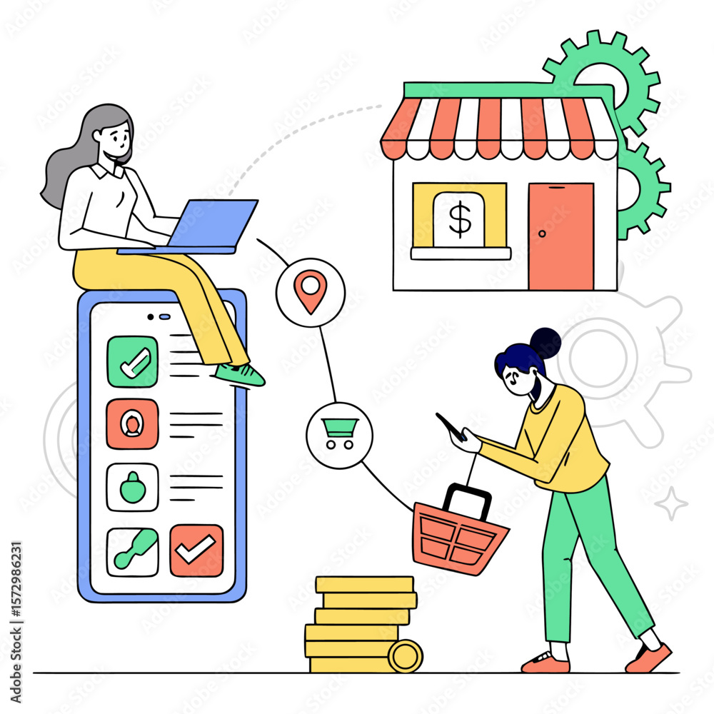 Poster illustrating the process of online shopping and e commerce with people interacting with devices and 