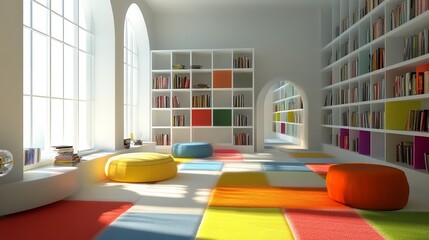 A bright, airy children's library with colorful floor tiles, large windows, and bookshelves filled with colorful books.  Soft seating invites relaxation and reading