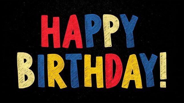 Design the phrase "HAPPY BIRTHDAY!" using large, bold capital letters in primary colors&mdash;red, yellow, and blue. The letters are arranged in a slightly playful, uneven manner, giving it a fun, festive l