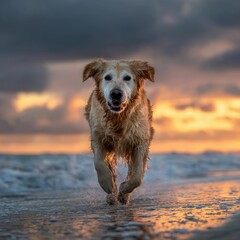 A golden retriever running on the beach at sunset--a --v 7 Job ID: 3d1d1c89-49f3-45d2-ad9f-01ecd6169f77