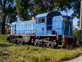 Obraz premium A blue and yellow train sitting on the tracks in a field