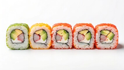 Vibrant Rainbow Sushi Rolls: Close-up, Fresh, Appetising, Studio Shot, Isolated on White Background