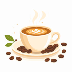 Steaming Coffee Cup with Coffee Beans and Green Leaf on a White Background in Flat Design Style