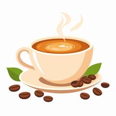 Obraz premium Steaming Coffee Cup with Coffee Beans and Green Leaves on White Background in a Digital Illustration