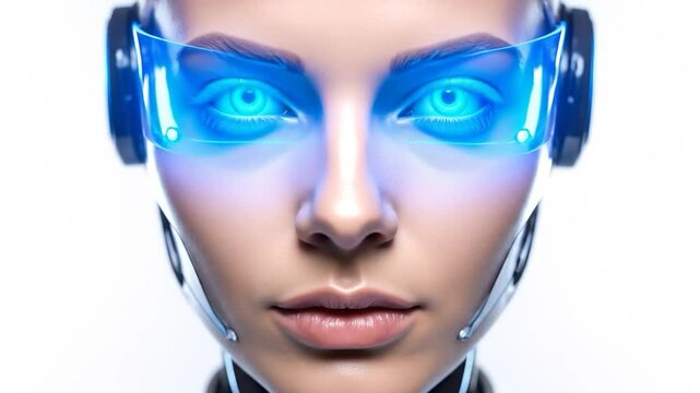 Robotic woman's face with blue glowing eyes and visor, against white