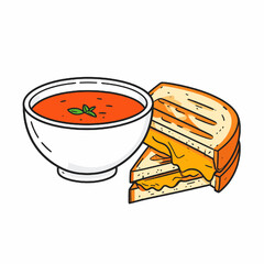 Stylized Illustration of Tomato Soup in White Bowl Next to a Grilled Cheese Sandwich With Dripping Cheese