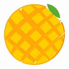 Stylized Mango Illustration with Crosshatch Pattern in Yellow and Orange on a White Background with Green Leaf