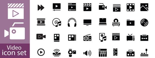 Video icon set. Containing camera, play, pause, media, online video, live, production, player, movie and cinema icons. Solid icon collection.