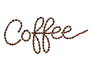Handwritten word coffee made from roasted coffee beans isolated on transparent background