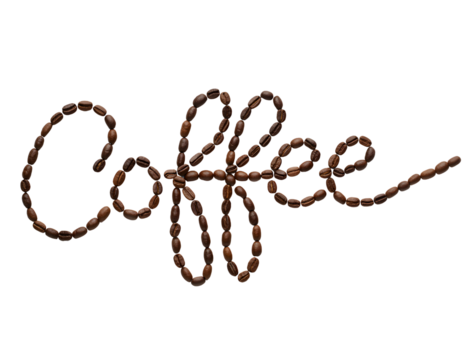 Handwritten word coffee made from roasted coffee beans isolated on transparent background