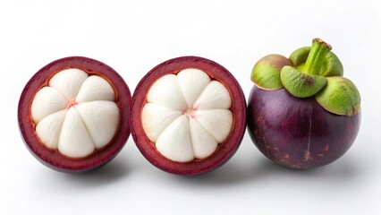 Two Halved Mangosteens and One Whole Mangosteen on White Background: Vibrant, Fresh, and Juicy Tropical Fruit Image