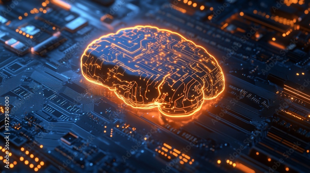 Poster a glowing, digital brain-shaped circuit board highlights the fusion of artificial intelligence and a