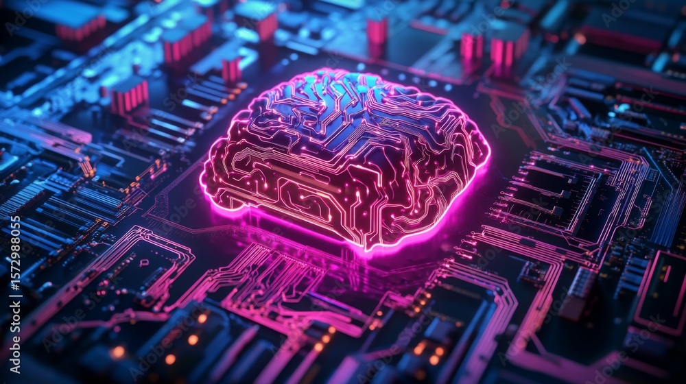Poster a glowing, neon-lit digital brain sits atop a complex circuit board, symbolizing artificial intellig