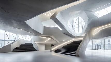 Obraz premium Modern, angular architectural interior with dramatic lighting and stairs