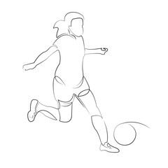 One continuous line drawing on white isolated background. Minimalism linear illustration. soccer, sport, athlete, kicking, playing, person, adult, soccer ball, woman, motion