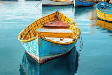 Obraz premium Brightly colored fishing boat in tranquil waters of Marsaxlokk Malta, Marsaxlokk, Malta beautiful fishing village architecture with colored boats at anchor in a bay