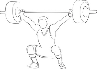 One continuous line drawing on white isolated background. Minimalism linear illustration. strength, weight, athlete, gym, sport, barbell, lifestyle, male, person, healthy lifestyle