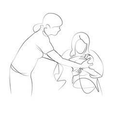 One continuous line drawing on white isolated background. Minimalism linear illustration. mother, baby - human age, newborn, nurse, doctor, newborn in arms, childbirth, hospital