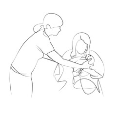 One continuous line drawing on white isolated background. Minimalism linear illustration. mother, baby - human age, newborn, nurse, doctor, newborn in arms, childbirth, hospital