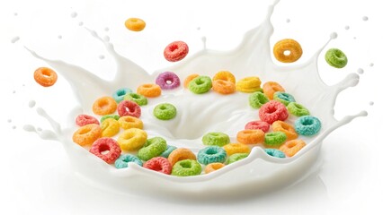 Colorful cereal rings splashing into creamy milk; vibrant, appetizing breakfast stock photo.
