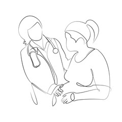 One continuous line drawing on white isolated background. Minimalism linear illustration. woman, doctor, pregnant, obstetrician, examining, patient, care, hospital, female