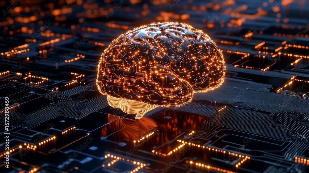 Poster a glowing digital brain with circuit-like patterns floats above a futuristic circuit board, symboliz