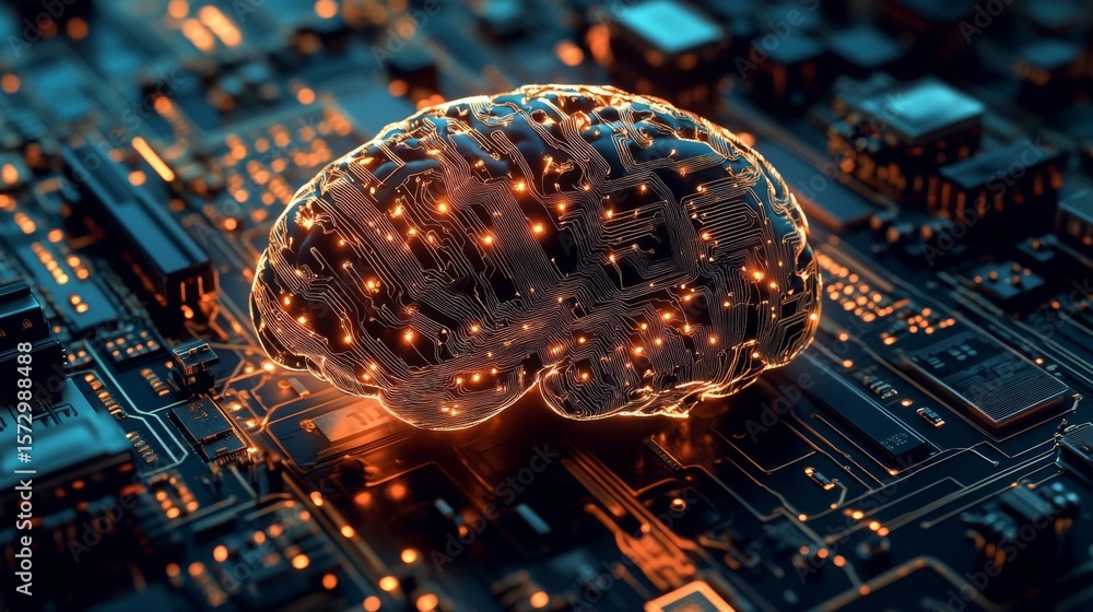 Poster a glowing digital brain model integrated with a circuit board, symbolizing artificial intelligence a