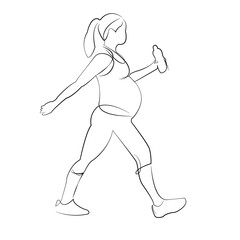 One continuous line drawing on white isolated background. Minimalism linear illustration. pregnant, water bottle, adult, outdoors, healthy lifestyle, go, walk, quick step