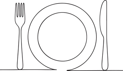 Fork Knife and Plate Line Drawing for Restaurant and Culinary Design