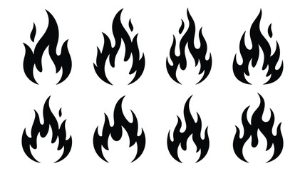 Collection of eight stylized black flame icons on a white background