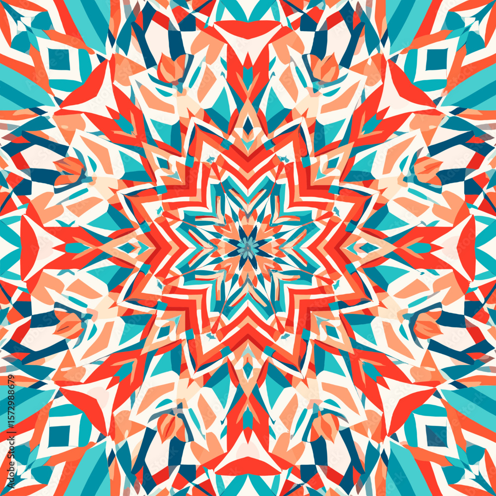 Aufkleber vibrant abstract geometric pattern with bold red teal and beige colors creating a dynamic ornamental