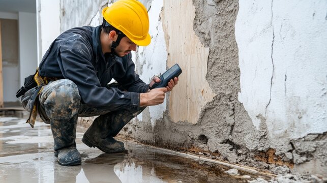 A construction worker wearing a yellow helmet inspects a damaged wall with a handheld device, assessing structural issues on a wet concrete floor.