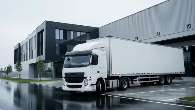 White semi truck is leaving a warehouse during rain, symbolizing the continuous flow of goods and services despite challenging weather conditions