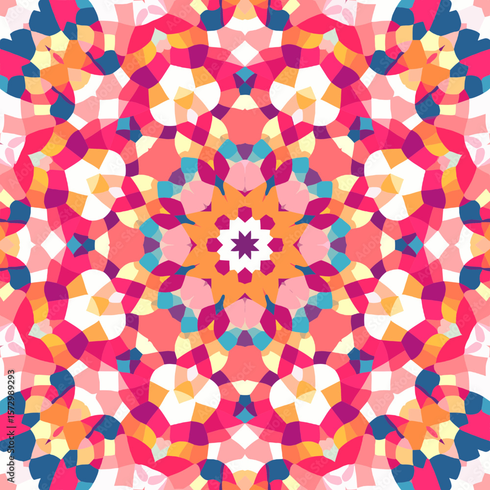 Poster vibrant kaleidoscope pattern in symmetrical geometric design with multicolor mosaic texture in light