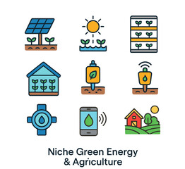 Green energy and smart agriculture icon set. Renewable farming and irrigation technology: eco farming, solar energy, greenhouse, smart irrigation, and agrotech devices