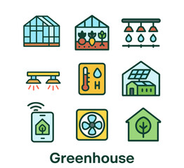 Flat vector icons of smart greenhouse, climate control, ventilation, irrigation, and grow lights