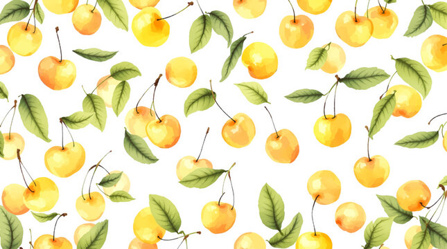 Watercolor yellow cherries on white background seamless vector pattern