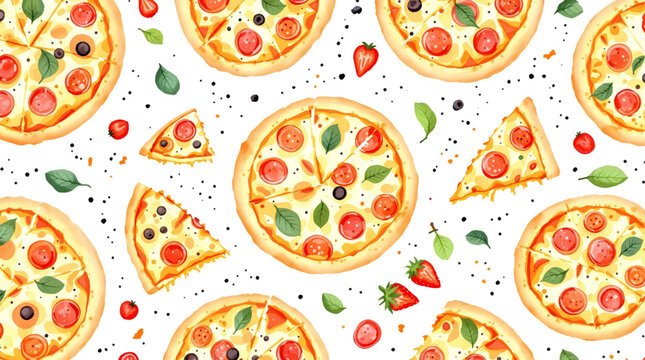 Seamless watercolor pattern featuring isolated pizza slices on a clean white background ideal for fast food and Italian cuisine designs