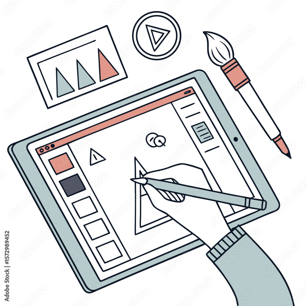 Poster a graphic designer s hand uses a stylus on a digital tablet to draw a triangle while other design to