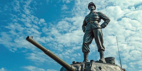A heroic statue of a tank commander atop his vehicle