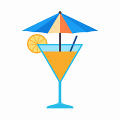 Vibrant Orange Cocktail with Blue Umbrella Graphic on White Background Represents Summer Vacation Holiday and Refreshment
