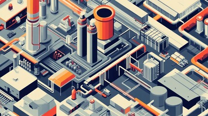 Isometric factory landscape showcasing a highly stylized industrial complex with interconnected buildings, tanks, and pipeline infrastructure in a bold retro color palette