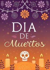 Poster template for dia de muertos holiday, 
Illustration for dia de muertos holiday, Hand drawn flat dia de muertos background
