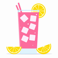 Vibrant Pink Lemonade with Ice Cubes and Lemon Slices on White Background Featuring Two Straws