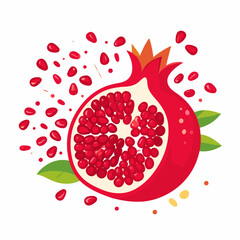 Vibrant Pomegranate Section with Seeds and Green Leaves on White Background in Detailed Illustration Style