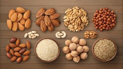 Assorted Nuts and Seeds on Rustic Wood:  Healthy, Nutritious, Top View, Food Photography
